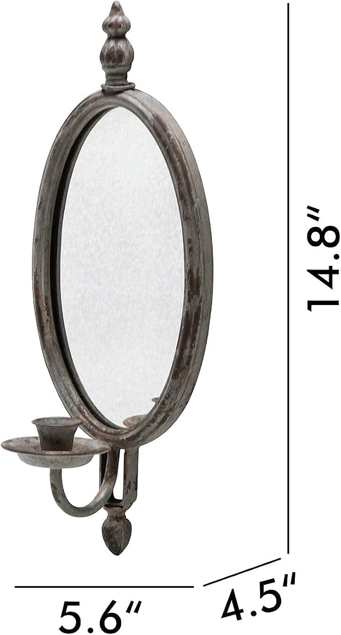SOFFEE DESIGN Antique Metal Candle Sconces Candlestick Holder Wall Mounted Distressed with Oval Faded-Looking Mirror