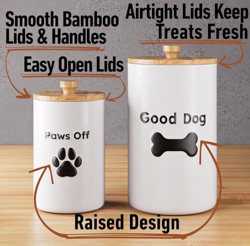 Dog Treat Container Airtight Set of 2, 9x5 & 7x4 inch Ceramic Jars. 11 Cups