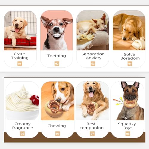 Dog Chew Toys for Aggressive Chewers, Indestructible Tough Squeaky Mental Stimulation Teeth Grinding Interactive Dog Chew Toys for Small/Medium/Large Dog Breeds, Creamy Scent Donut Brown