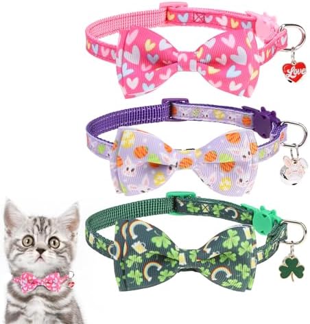 KOOLTAIL Easter Cat Collars Breakaway with Bowtie and Bells,3 Pack Adjustable Fancy Kitten Collar with Safety Buckle for Girls Boys Kitty,Cute Cat Charm Pendant Holiday
