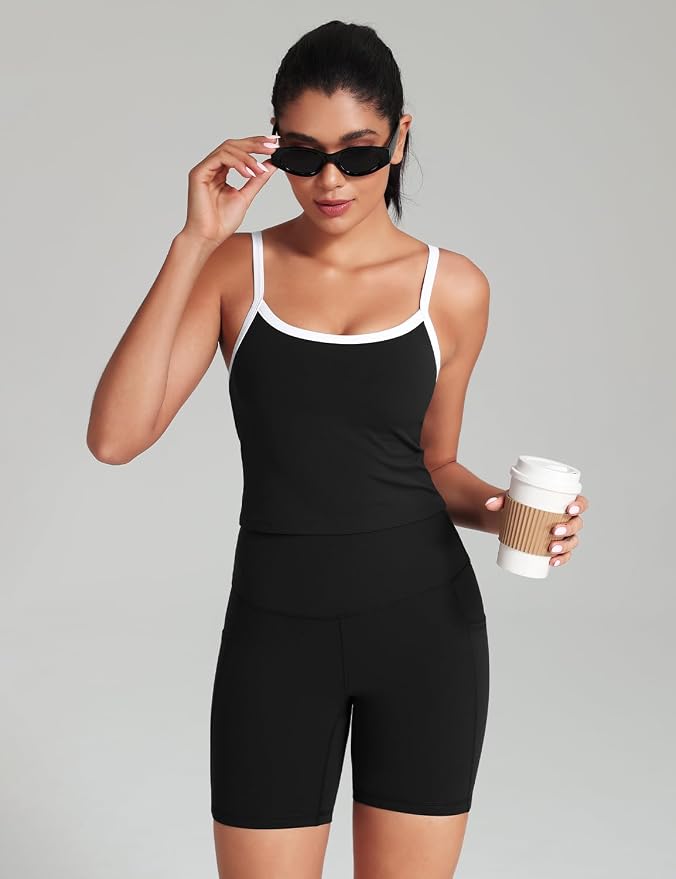 HeyNuts Vintage Color-Block Strappy Crop Tank Top for Womens, Cute Contrasting Trim Yoga Longline Sports Bras Padded A-D Cups