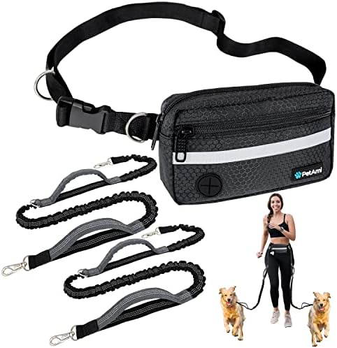PetAmi Hands Free Dog Leash Waist Belt Bag Fanny Pack, Double, Black