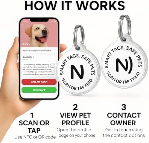 Smart Pet ID Tag with QR Code & NFC – Epoxy Coated Waterproof PVC – Scan or Tap to Access Pet Info – Universal Tag for Dogs & Cats – No App Needed – Update Profile Anytime (Black)
