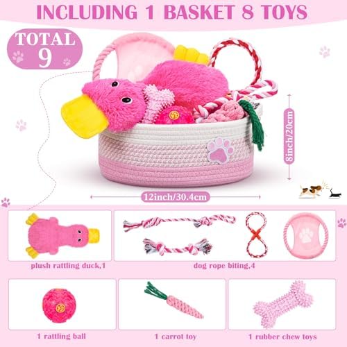 Zopeal Dog Toy Gift Basket Set for Puppy Birthday, Pink