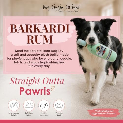 Dog Diggin Designs Barkardi Rum Plush Dog Toy | Luxury-Inspired Parody Rum Bottle Dog Toy with Squeaker, Soft Plush Novelty Dog Toy – Shaken, Not Stirred!