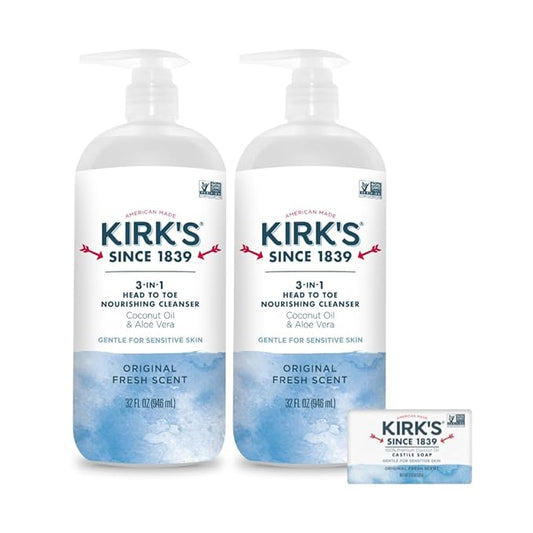 Kirk's 3-in-1 Head to Toe Nourishing Liquid Cleanser & Travel Size Bar Soap - for Men, Women & Children - Premium Coconut Oil and Aloe Vera- Non GMO & Vegan -Original Fresh Scent - 32 Fl Oz. 2 pack