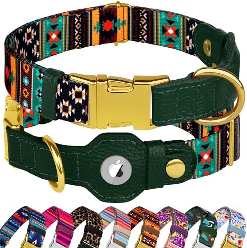 AirTag Dog Collar for Small Medium Large Breed - Adjustable Cute Pattern Dog Collar with Airtag Holder - Soft Leather Tracker GPS Apple Air Tag Pet Collars (Medium, 14"-18" Neck Fit, Tribal)