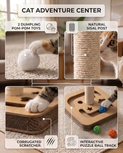 3-in-1 Interactive Cat Toy & Scratching Post - Durable Sisal Cat Scratcher with Corrugated Cardboard Base, Track Balls & Teaser Wands - Indoor Kitten Exercise Toys for Furniture Protection
