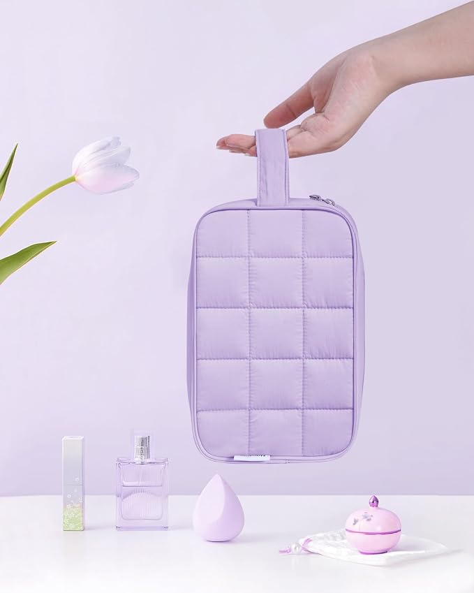Narwey Quilted Makeup Bag Puffy Make up Bag Cosmetic Bag Organizer, Puffer Travel Toiletry Bag for Traveling Women Girl, Travel Bag for Toiletries, Skincare Medicine Bags (Purple)