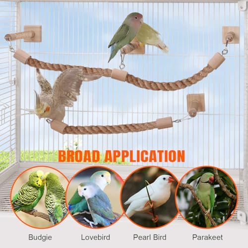 La La Pet Bird Rope Perches for Cage Natural Wood Standing Perch Hanging Bridge and Swing Interactive Birds Toys for Conures Budgies Parakeets Cockatiels Lovebirds 2-Set