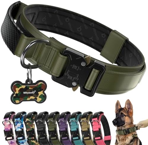 Premium Tactical Dog Collar - Adjustable Military Heavy Duty Dog Collar for Medium Large Dogs - Durable Metal Buckle Dog Collar with Leather Control Handle and Soft Comfortable Padding