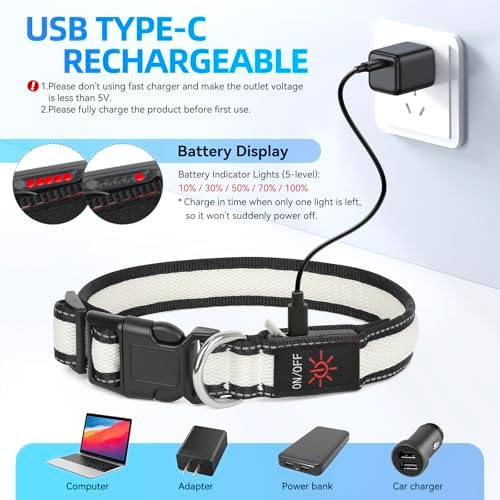 Flashseen Multicolor LED Light Up Dog Collar, RGB 9-Mode, USB Rechargable
