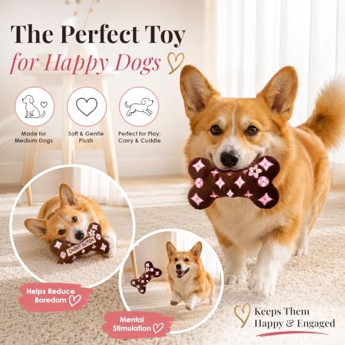 Dog Diggin Designs Chewy Vuiton Brown Blossom Plush Dog Toy Bone | Luxury-Inspired Parody Designer Bone with Squeaker, Soft Plush Chew & Play Dog Toy – Prêt-à-Porter Play!