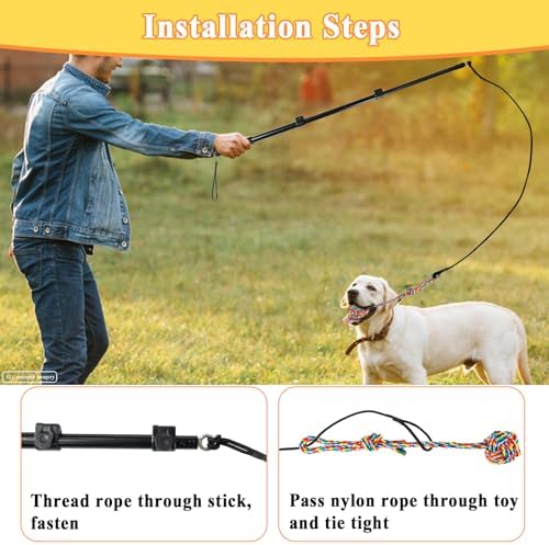 Flirt Pole for Dogs, Heavy Duty Dog Teaser Wand with 3 Replacement Rope