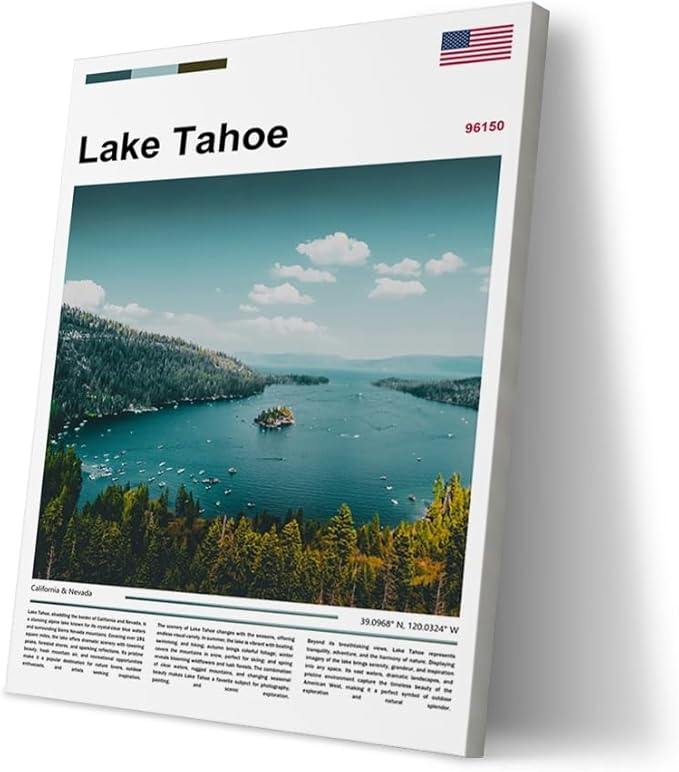 Poster Lake Tahoe Wall Art Original Design(24"x16" Golden Frame) Emerald Bay California Nevada Landscape Print Sierra Nevada Mountains Nature Scenery Alpine Lake View Travel Photography Picture