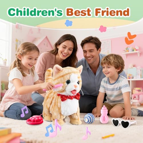 Yellow Walking Cat for Girls Set Toy Talking Singing Animated Robot Kitty Interactive Plush for Cat for Kids Kitten Robotic Plush That Meow and Purrs Electric Robot for Toddlers Baby