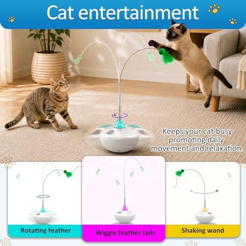 Interactive Cat Toy with Touch Activation, Automatic Spin Cat Toys for Indoor Cats, 26-Inch Extra Long Feather Wand, Rechargeable