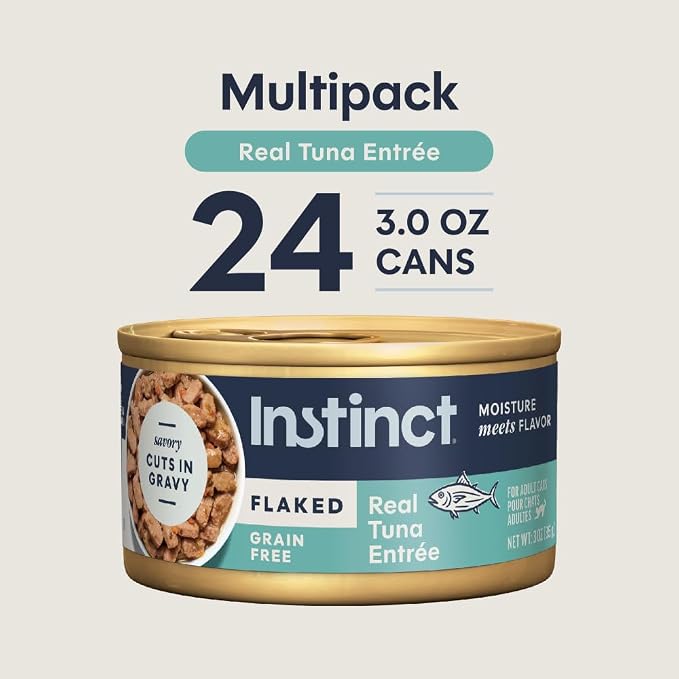Instinct Flaked Entrees, Wet Canned Cat Food, Tuna, 3 oz. (24 Count) | Tender flaked cuts in savory gravy, high protein, real tuna, whole-food ingredients, grain-free, hydration support