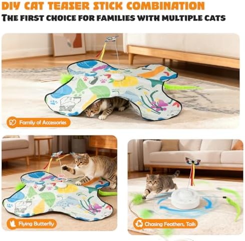 Interactive Cat Toys Rechargeable for 4 in 1 Hide and Seek Game, Moving Concealed Wand Feathers, Real Mouse Squeaky, Durable Exercise Toys for Indoor Cats for Bored Adult Cats Wand Toy