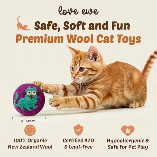 Love Ewe Wool Cat Toys Ball 3 Pack, 2-inch Cat and Mouse