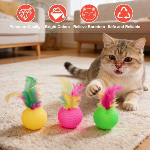 Veemoon Cat Feather Toy 24 pcs Interactive Feather Ball for Cats Sounding Teaser Play Balls 3.34 X 1.49 X 1.49 in Indoor Exercise Supplies for Home or Shop
