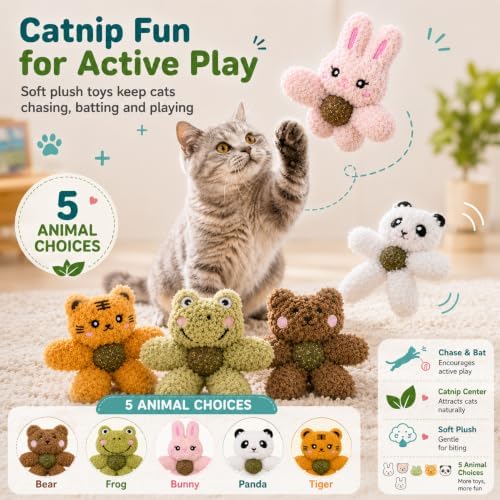 Cat Toys with Catnip Kitten Chew Bite Supplies Boredom Relief Fluffy Kitty Teeth Cleaning Chewing Cat Lovers Interactive Plush Gift (Tiger&Bear)
