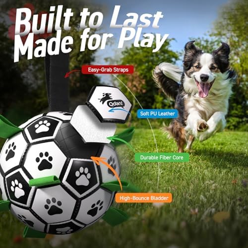 QDAN Large Dog Toys, Soccer Ball for Dogs with Straps, Herding Dog Balls | Interactive Soccer Toys for Tug of War, 8 Inch Dog Ball for Medium Large Puppy, Birthday Toy for 30-90 lbs Dogs, Water Toy