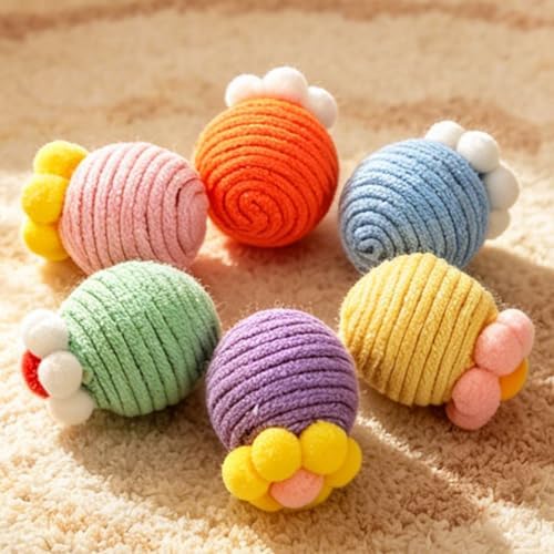 Cat Balls Toys for Indoor Cats, 6 Pcs Interactive Rope Chew Toy Balls with Crinkle Sound, 2-Inch Colorful Rope Ball for Kittens & Adult Cats, Chasing Play and Dental Health