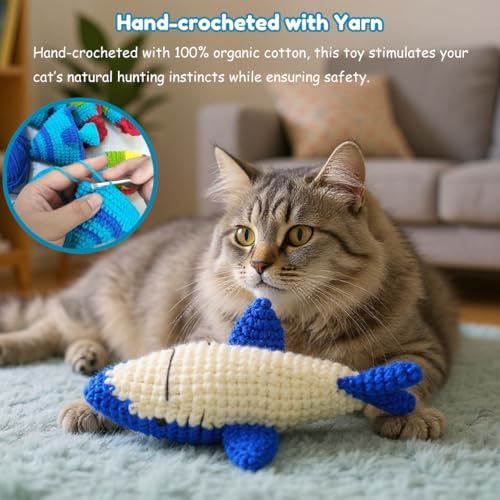 Catnip Fish Toy - Hand-Crocheted with Real Catnip & Bell, Interactive Kicker Toy for Cats Kitten, Soft & Safe for Biting