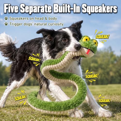 Squeaky Dog Plush Chew Toy, Interactive Tug Squeaky Toy for Chewers, Medium & Large Dogs & Fetch Play, 39.4In Stuffed Silly Snake Toy with Elastic Stretchable Body for Gentle Gum Care & Boredom Relief