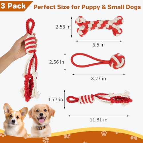 3 Pack Cotton Rope Dog Toy Set, Indestructible Chew Toys for Aggressive Chewers, Puppy Teething Toys with Bone, Human & Rope Dog Ball Designs for Boredom Relief & Tug of War， Red-White