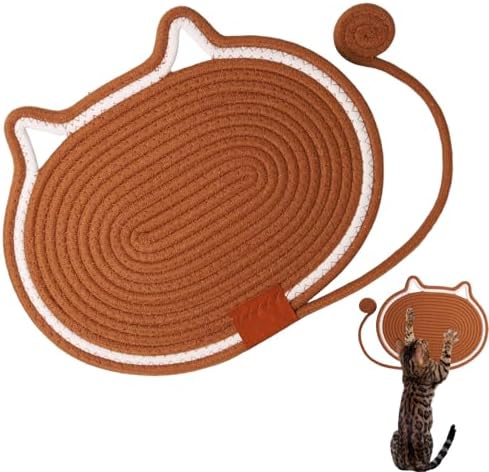 Cat Scratcher Mat Natural Cotton Rope Oval Horizontal Floor Cat Scratch Bed Pad with Ball Toy Protector for Furniture Floor Wall (Brown, 1PC)