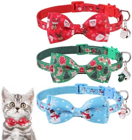 KOOLTAIL Cat Christmas Collar Breakaway with Bowtie and Bells, 3 Pack Cute Kitten Collars, Adjustable Safety Buckle Snowman Santa Claus Charm Pendant Pet Collars for Kitty Boys Girls Cats Holiday