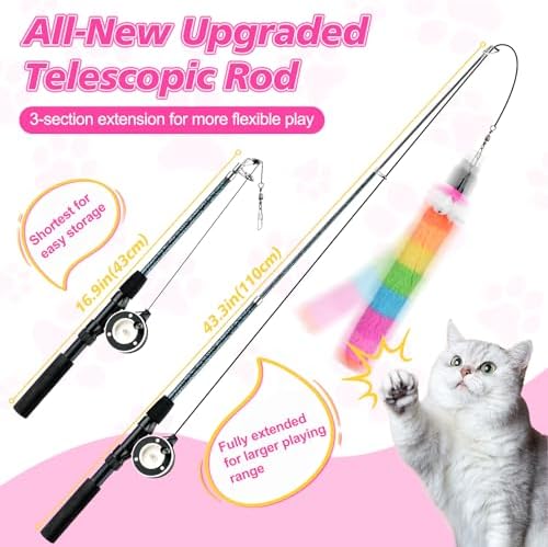 Pawaboo Cat Teaser Wand Toys, Cat Fishing Pole Toy with 3 PCS Feathers