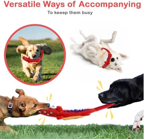 Tough Dog Toys Indestructible, Stuffed Chew Large Dog Toys to Keep Them Busy, Interactive Squeaky Tug of War Doggie Toy, Chew Guard Technology