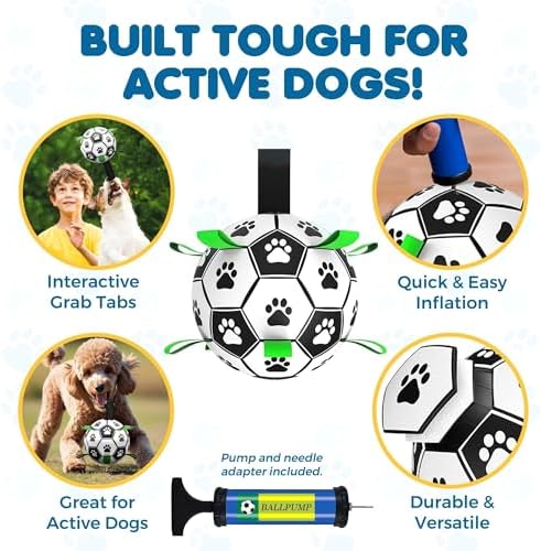 SunGrow Dog Soccer Ball, Interactive Tug-of-War Toy with Straps, Outdoor & Indoor Training, Mental Game and Physical Exercise for High-Energy Dogs, Small and Medium Breeds, 6”, 9.6 oz