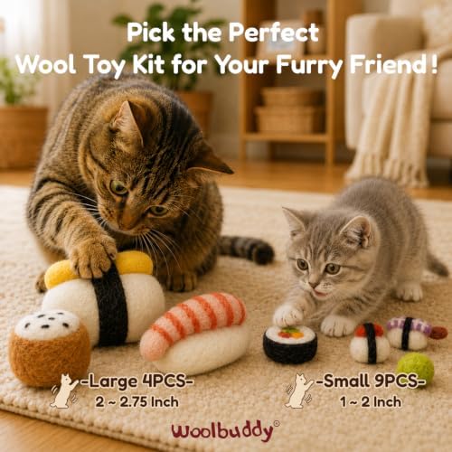 Woolbuddy Wool Cat Toys (Big Sushi 4 PCS) for Indoor Cat Kitten Catnip-Free