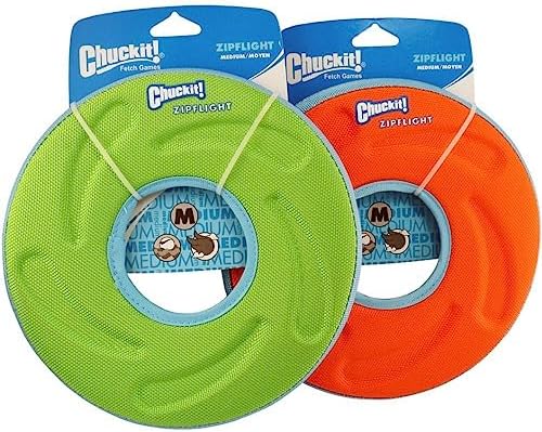 Chuckit! Amphibious ZipFlight Floating and Flying Disc Dog Toy, Medium (8.5"), Assorted Colors (Orange and Blue/Green-and Blue), (Pack of 12)