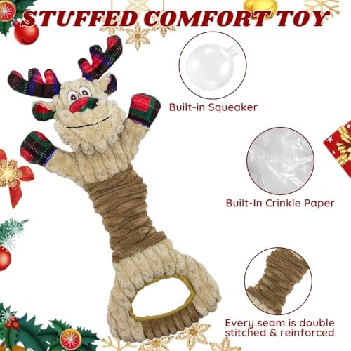 Christmas Squeaky Dog Toy-Festive Elk with Crinkle and Pull Ring