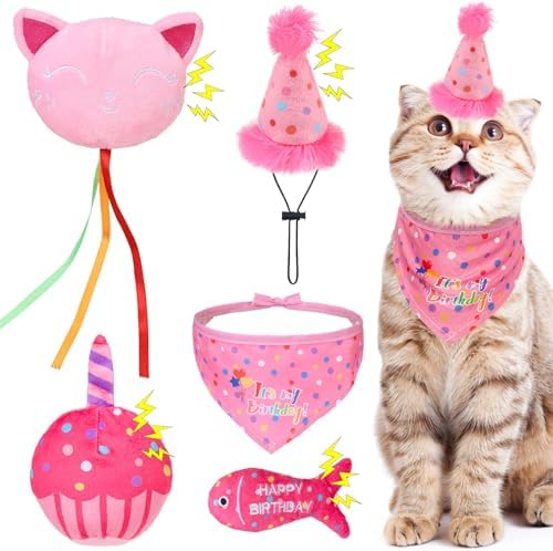 BINGPET Cat Birthday Decorations Outfit, 5 Pcs Catnip Toys for Indoor Cats