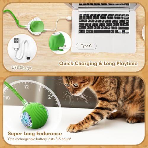Interactive Cat Ball Toys for Indoor Cats, Upgraded Automatic Cat Toys for Bored Indoor Adult Kitty, Peppy Pet Ball for Cats, 360°Smart Rolling Kitty Balls Toy (Green)