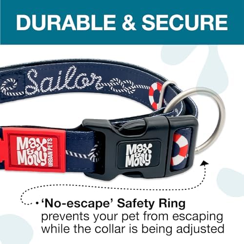 Max & Molly Urban Pets Smart ID Dog Collar - Soft Neoprene, Waterproof, Machine Washable, Power Buckle, Gotcha! QR Tag & Custom App Profile, Sailor L
