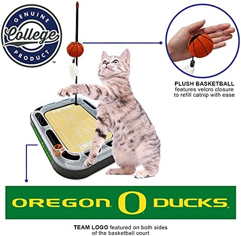 CATS SCRATCHER NCAA Oregon Ducks Basketball Court CAT Scratcher Toy with Catnip Filled Plush Basketball Toy & Feather Cat Toy Hanging, with Jingle Bell Interactive Ball Cat Chasing 5-in-1 Kitty Toy