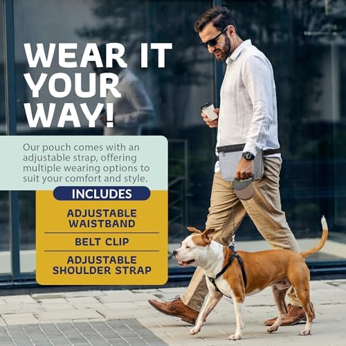 Katziela Expandable Pet Treat Pouch - Hands Free Dog Treat Pouch, Quick Access Magnet Closure - Anti Spill Dog Treat Bag - Treat Pouches for Pet Training, Adjustable Shoulder Strap & Belt Clip (Grey)