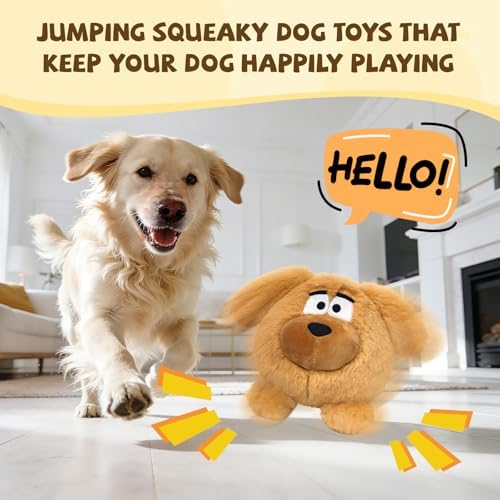 Moving Dog Ball, Jumping Squeaky Interactive Dog Toys, Plush Chew Toys for Small/Medium/Large Dogs, USB Rechargeable (Brown)