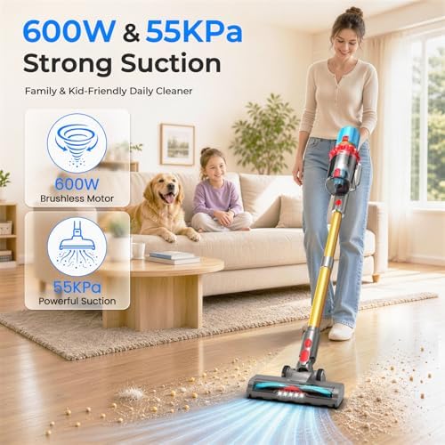 Cordless Vacuum Cleaner, 600W 55KPa Max 75mins Stick Vacuum for Pet Hair | LED Smart Display, Anti-Tangle Brush, 2.5H Fast Charge, 1.5L Dust Cup, 2 Rollers, Handheld Cleaning for Hard Floors, Carpet
