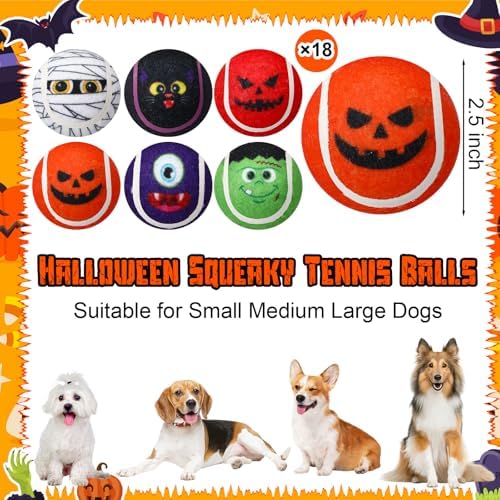 Civaner 18 Pcs Halloween Dog Toys Bulk, 2.5 Inch Squeaky Tennis Balls Gifts