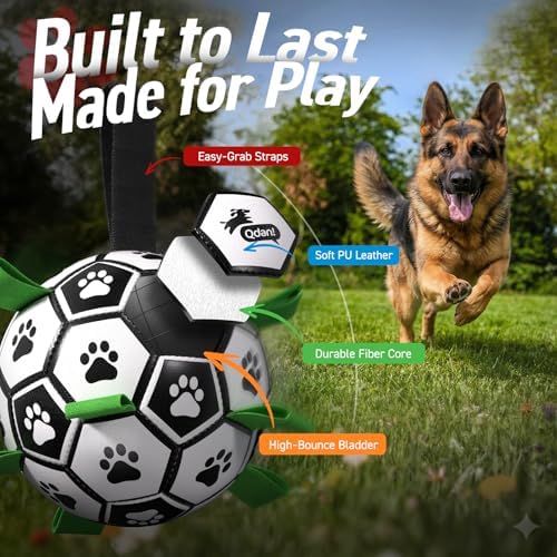 QDAN Large Dog Toys, Soccer Ball for Dogs with Straps, 9 Inch Big Dog Ball | Training Soccer Balls for >90 lbs Dogs, Giant Herding Ball for Dogs, Interactive Water Pool Toys for Tug Chase, Dog Birthday