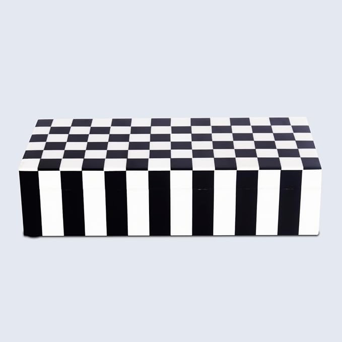 Handicrafts Home Decorative Storage Box with Lid, Black and White Decorative Remote Holder Box, Coffee Table Storage Box for Living Room, Console Table & Shelf Decor, Puzzle Check - 10 x 6 x 2.5