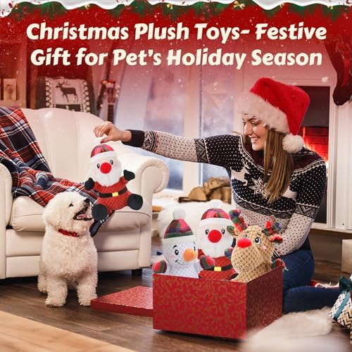 Newget 3Pcs Christmas Squeaky Dog Toys, Plush Dog Toys with Crinkle Paper